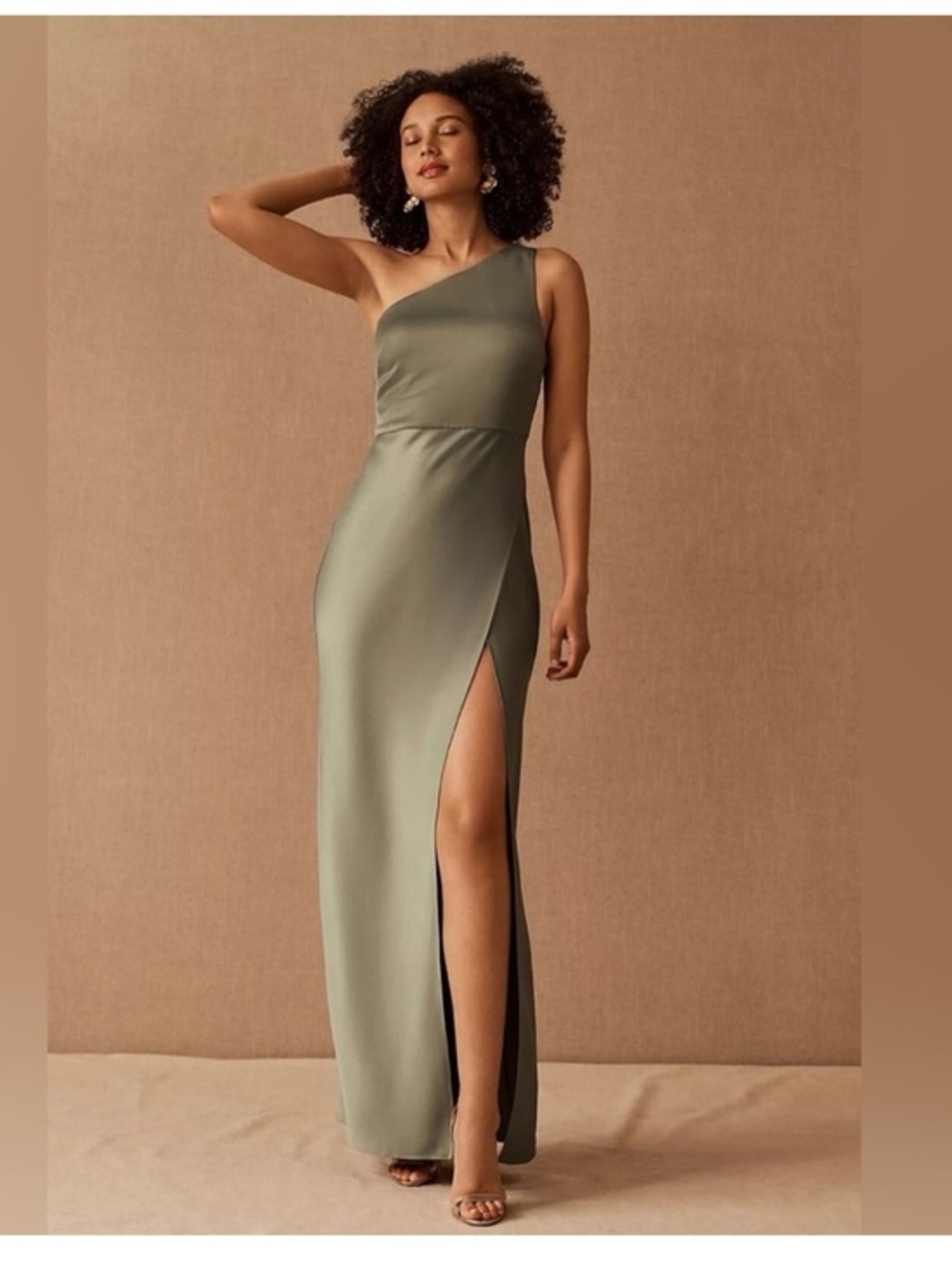 BHLDN Dylan Gown Satin One-Shoulder Maxi Dress With Slit Sage Olive Green